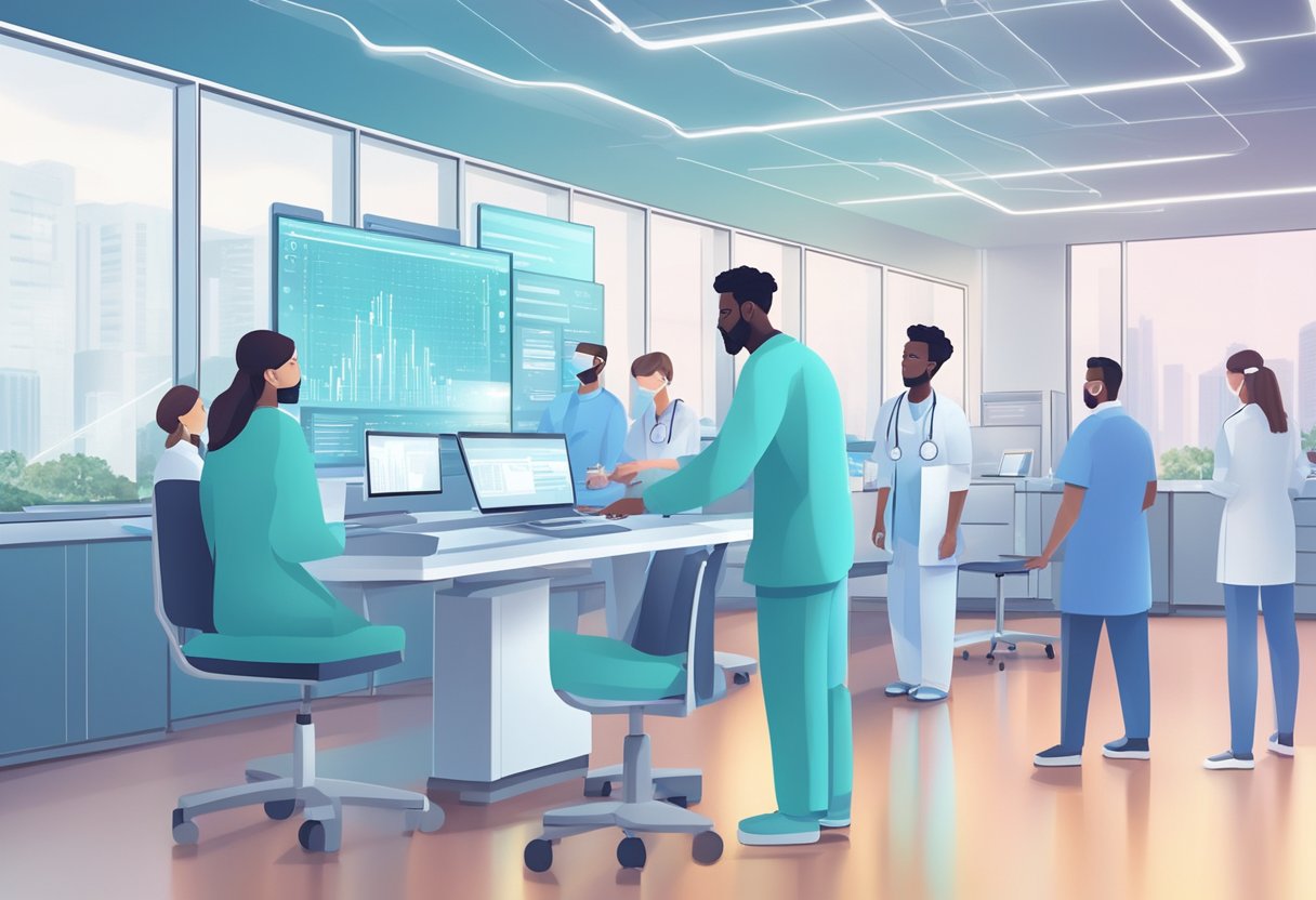 AI algorithms processing medical data in a modern hospital setting with doctors and nurses interacting with digital interfaces
