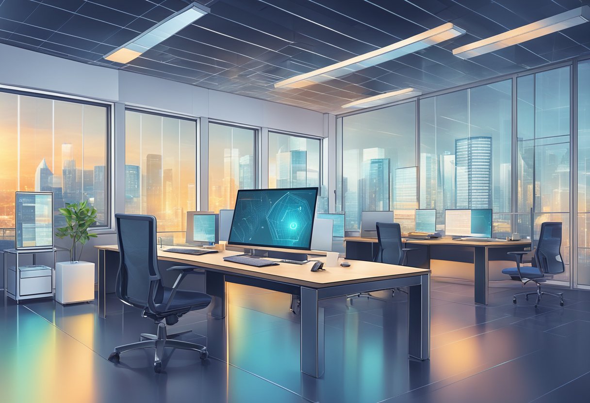 An AI algorithm processing data in a modern office setting, with a focus on privacy and security measures