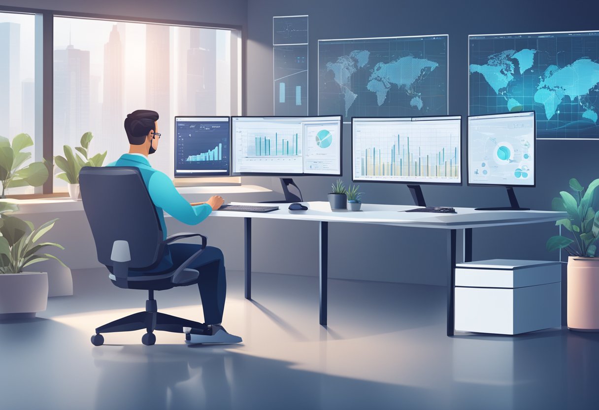 AI analyzing data in a modern office setting, with business charts on screens and medical imagery on monitors