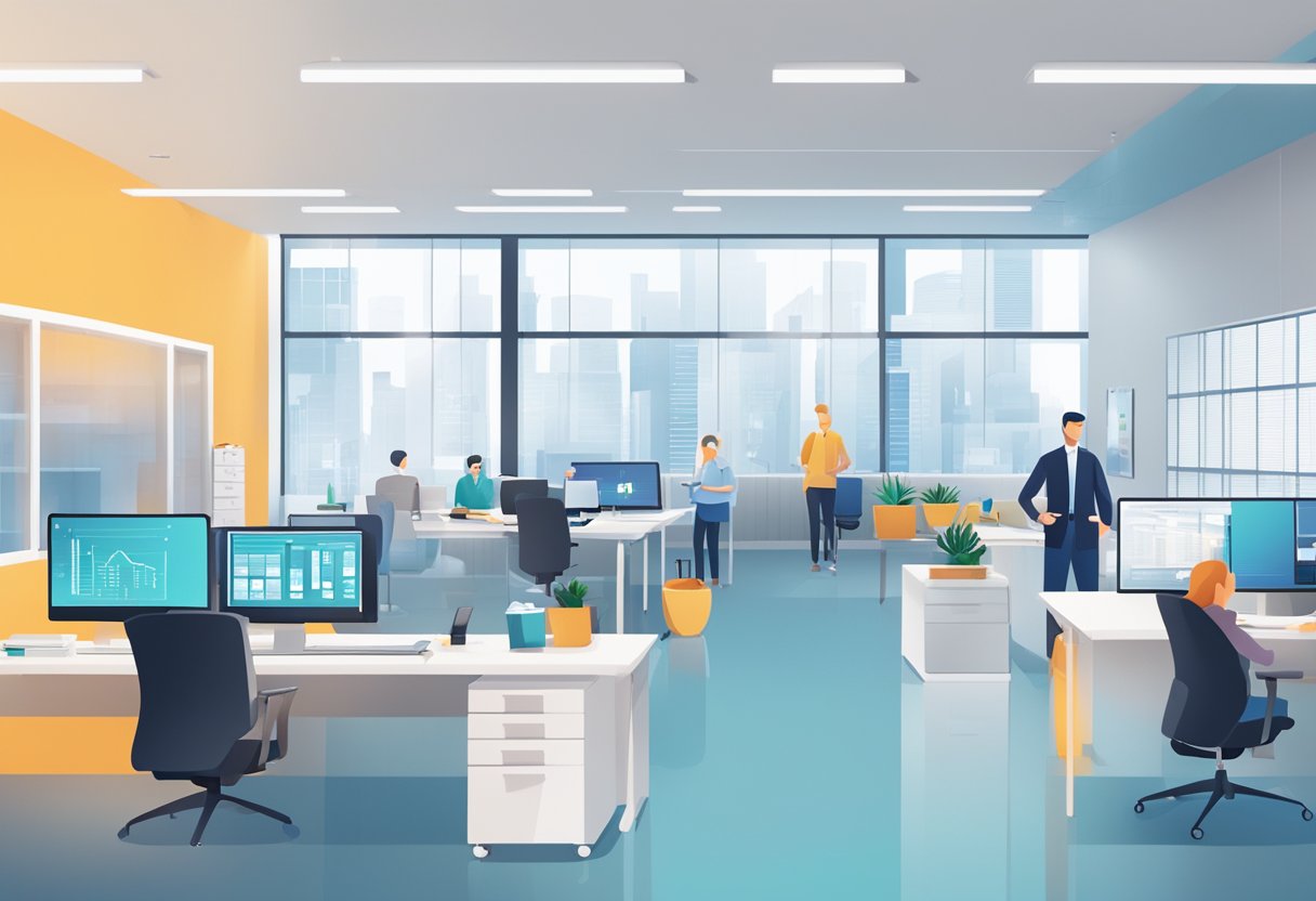 An office setting with AI technology integrated into various business and health operations, showing increased efficiency and positive outcomes